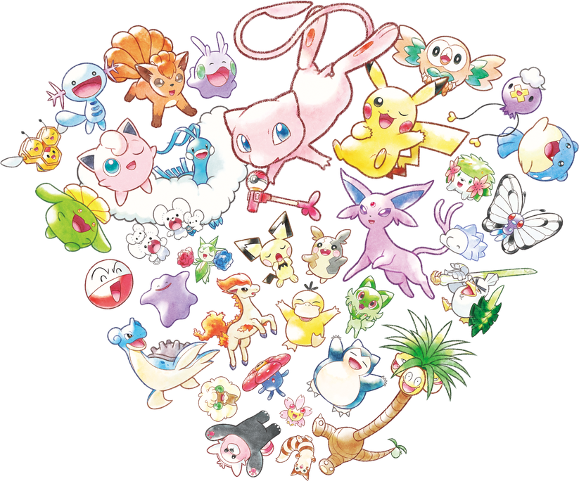A variety of Pokémon, such as Pikachu, Ditto, and Mew, create a heart shape together over a watercolor background.