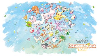 Ein Desktop-Wallpaper zeigt eine Vielzahl an Pokémon, darunter Pikachu, Ditto und Mew, welche die Form eines Herzens bilden.