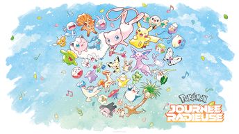 Un fond d’écran au format paysage montrant plusieurs Pokémon tels que Pikachu, Métamorph et Mew formant un cœur.