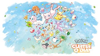Papel de parede para desktop mostrando diversos Pokémon, entre eles Pikachu, Ditto e Mew, que formam o contorno de um coração.