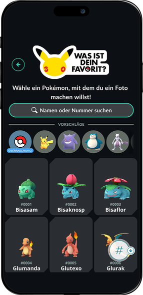 Ein Smartphone-Bildschirm mit der Überschrift „Was ist dein Favorit?“ fordert dich dazu auf, ein Pokémon zu wählen, um in Pokémon GO ein Foto mit ihm zu machen.