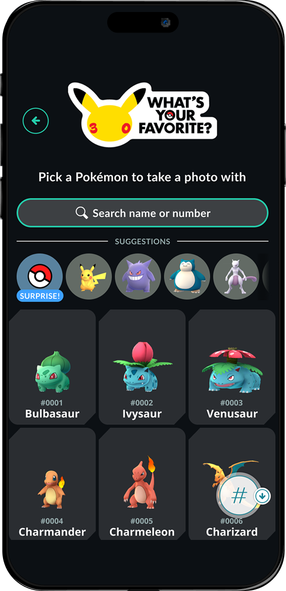 A phone screen with the headline “What’s Your Favorite?” asks you to pick a Pokémon to take a photo with in Pokémon GO.