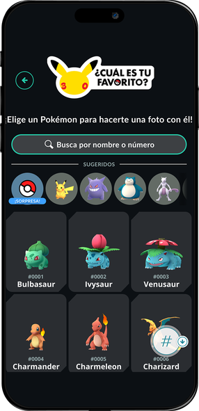 La pantalla de un móvil con el título "¿Cuál es tu favorito?" te pide que elijas un Pokémon con el que sacarte una foto en Pokémon GO.