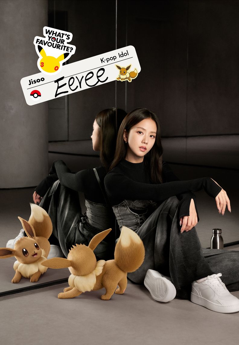 K-pop idol Jisoo poses against a mirror in a studio while Eevee looks at their reflections.