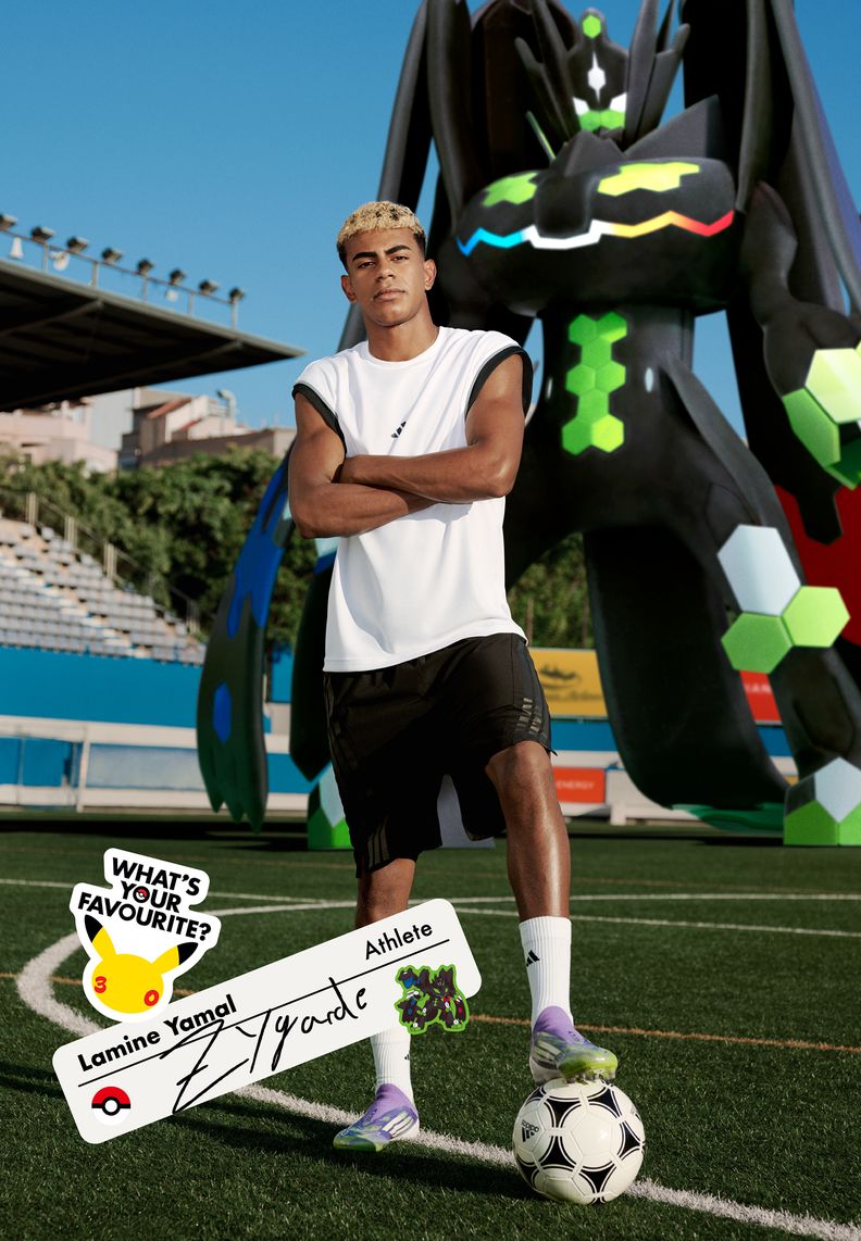 Athlete Lamine Yamal poses on the football pitch with Zygarde.