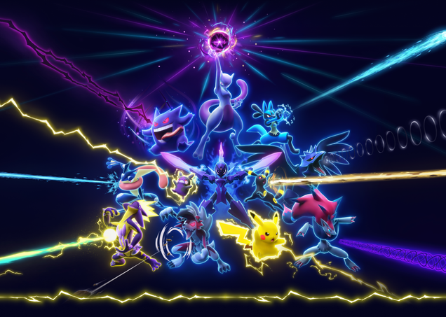 Plusieurs Pokémon tels qu’Ectoplasma, Mewtwo et Lucario sont entourés de rayons d’énergie jaune et bleu fluo. Juste en dessous se trouve un logo « Soirée électrisante » avec des notes de musique sur les côtés. En dessous encore, une phrase invite les personnes qui la lisent à prendre part à une soirée musicale inoubliable.