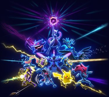 Multiple Pokémon such as Pikachu, Gengar, and Mewtwo are surrounded by neon yellow, purple, and blue bolts of energy against a dark background. Text reading “Pokémon Night Out” sits to the left.