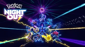 Multiple Pokémon such as Pikachu, Gengar, and Mewtwo are surrounded by neon yellow, purple, and blue bolts of energy against a dark background. Text reading “Pokémon Night Out” sits to the left.