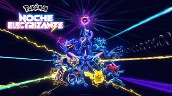 Varios Pokémon como Pikachu, Gengar y Mewtwo rodeados de rayos de energía amarillos neón y azules sobre un fondo de colores oscuros. A la izquierda se puede leer el texto "Pokémon Noche Electrizante".