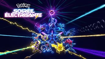 Plusieurs Pokémon tels que Pikachu, Ectoplasma, Mewtwo sont entourés de rayons d’énergie jaune fluo, mauve, et bleu sur un fond noir. Le logo « Soirée électrisante » se trouve sur la gauche.