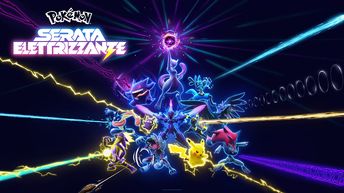 Tanti Pokémon, tra cui Pikachu, Gengar e Mewtwo, circondati da scariche di energia gialle, viola e azzurre neon su uno sfondo scuro. A sinistra, c'è un logo con scritto "Pokémon Serata elettrizzante".
