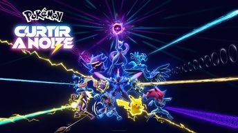 Vários Pokémon, como Pikachu, Gengar e Mewtwo aparecem rodeados por raios em amarelo, roxo e azul neon em frente a um fundo escuro. O título “Pokémon Curtir a Noite” aparece à esquerda.